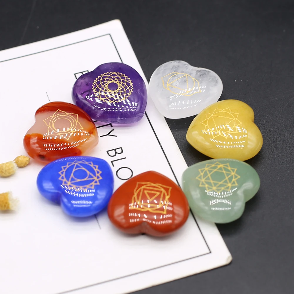 

7Pcs Charms Natural Stone Hearts Beads Healing Clear Quartz Crystal for Jewelry Making DIY Engraved Symbols Polished Palm Stone