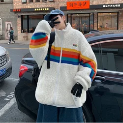 Autumn and winter lamb wool cotton coat boy Hong Kong style loose rainbow stitching tide brand handsome casual all-match coat