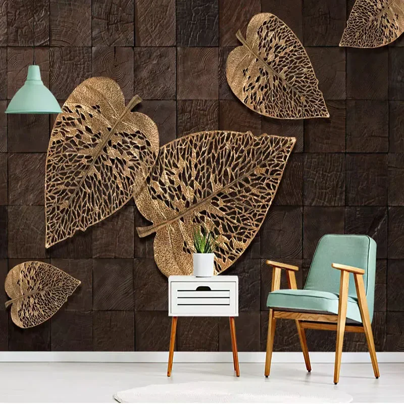 Custom Wall Covering European Retro Wood Grain Golden Leaves Photo Wallpapers For Living Room Bedroom Fresco Papel De Parede 3D