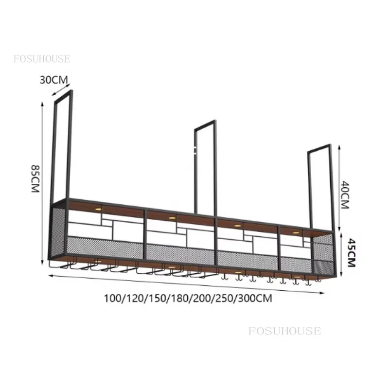 Modern Wrought Iron Wine Rack Display Cabinet with Light Bar Restaurant Minimalist Hanging Wine Cabinets Showcase Goblet Hanger