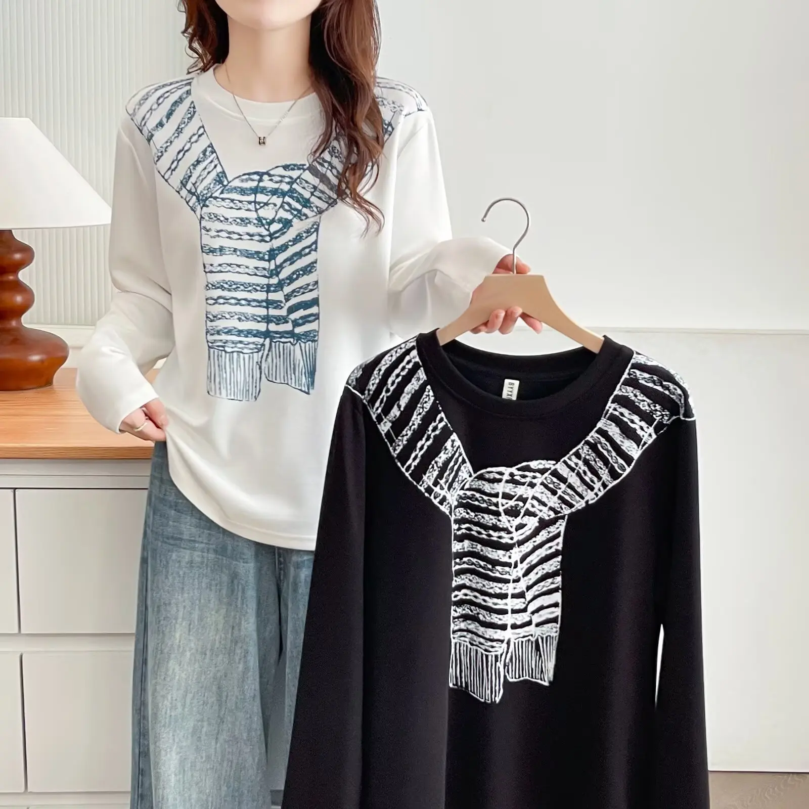Fashion Plus Size Women's T-Shirt 2025 Autumn New Casual Shawl Printed Long Sleeve Tops 974