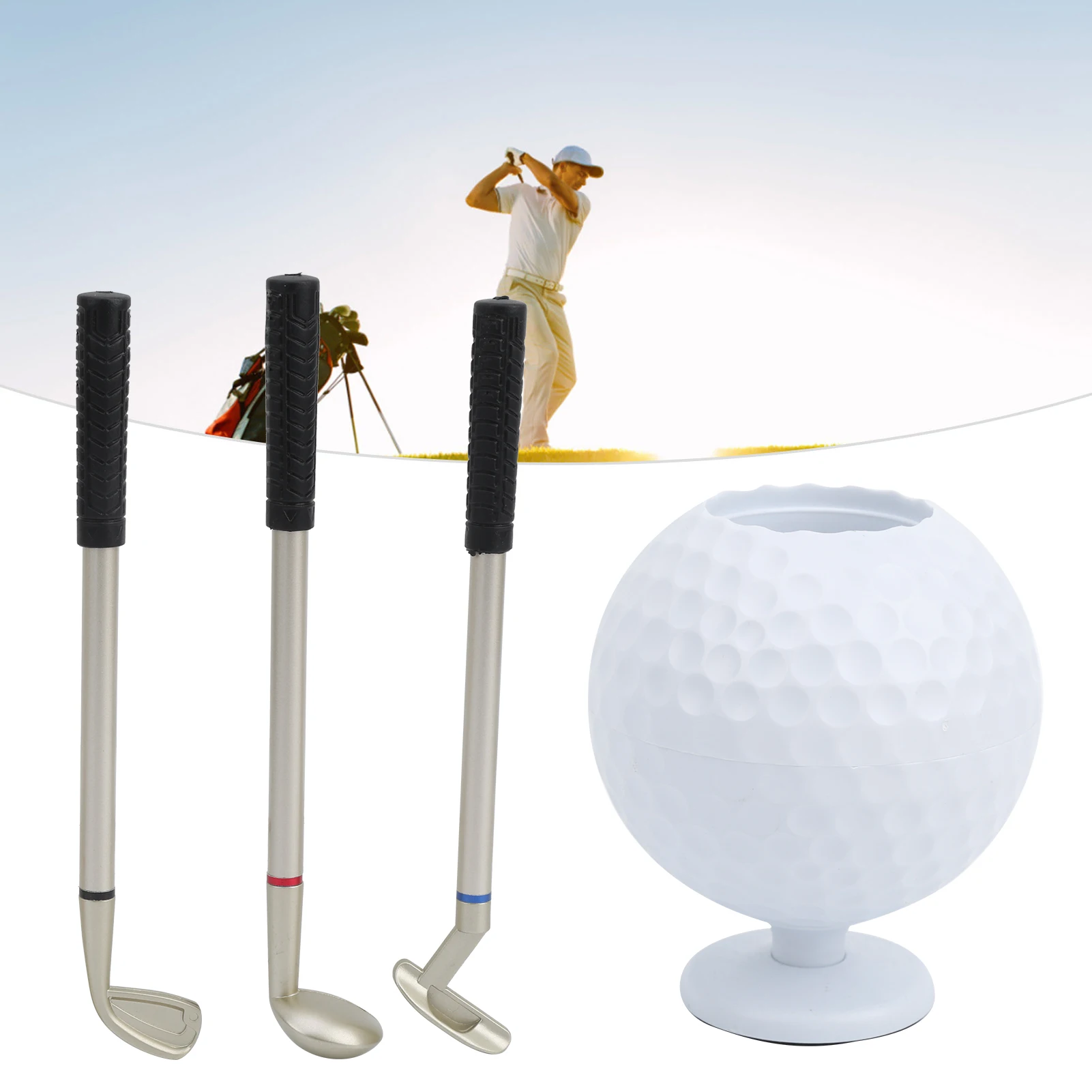 Mini Desktop Golf Ball Pen Holder with 3 Golf Cue Pens Plastic Golfer Souvenir Set Gift 2