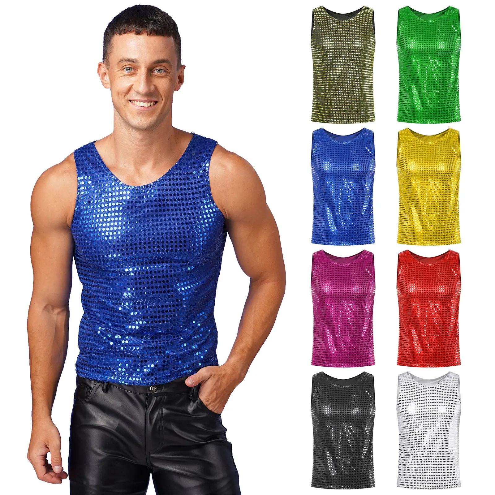 Hot New Mens T-shirts Shiny Sequin Sleeveless Loose Tank Tops Christmas Performance Clothing Fashion Nightclub Party Waistcoat