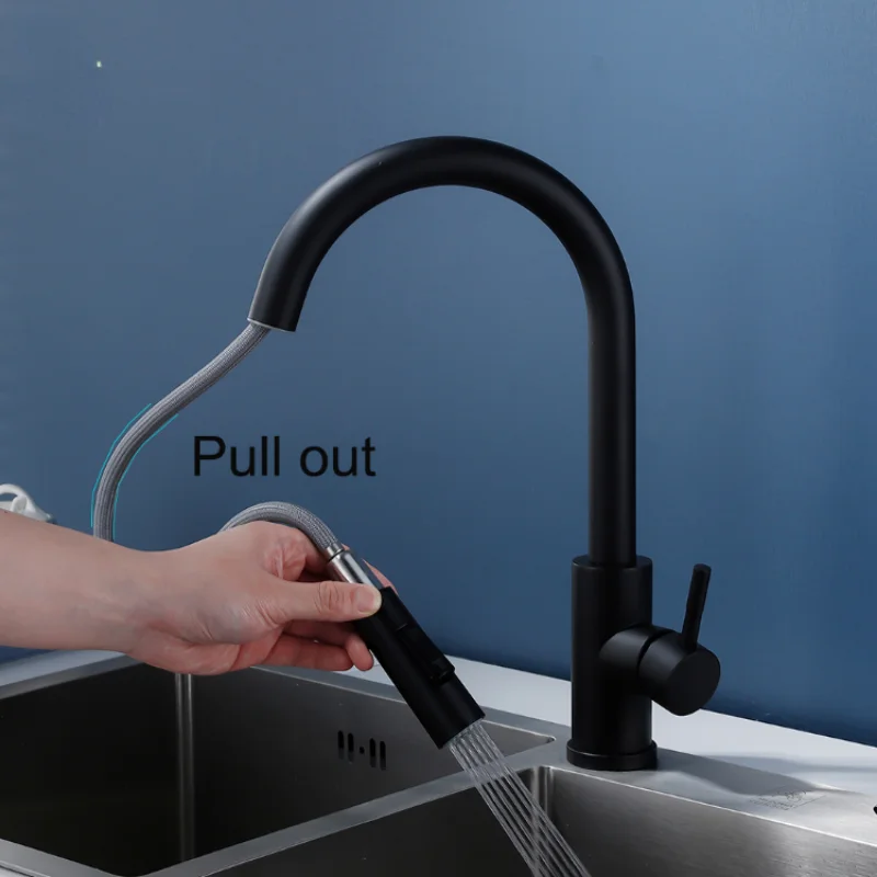 Matte Black Kitchen Faucet Cold and Hot  Mixer Pull Out Two Function Deck Mounted Tap With Free Hose