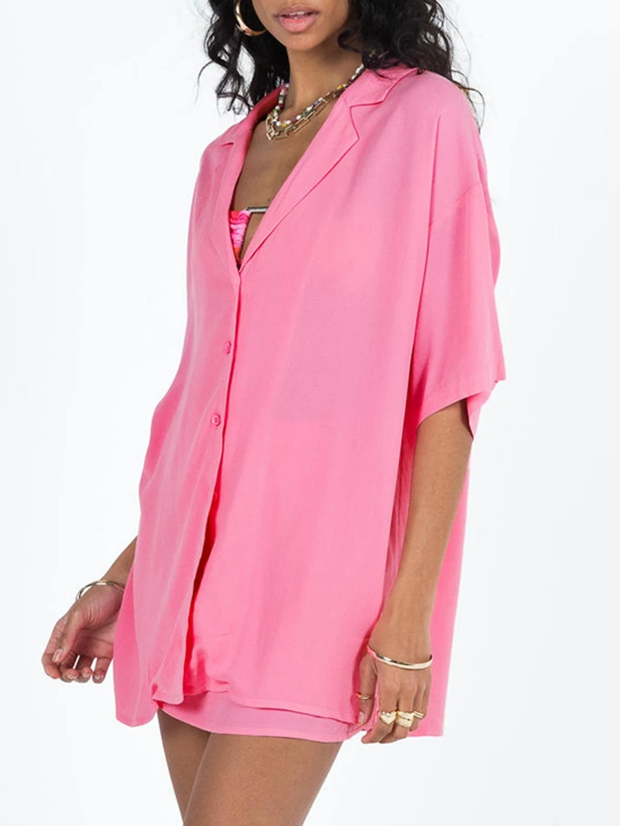 

Women s Pink Two Piece Skirt Set Stylish Short Sleeve Oversized Shirts Tops and Flirty Skirts for Beach Outfits