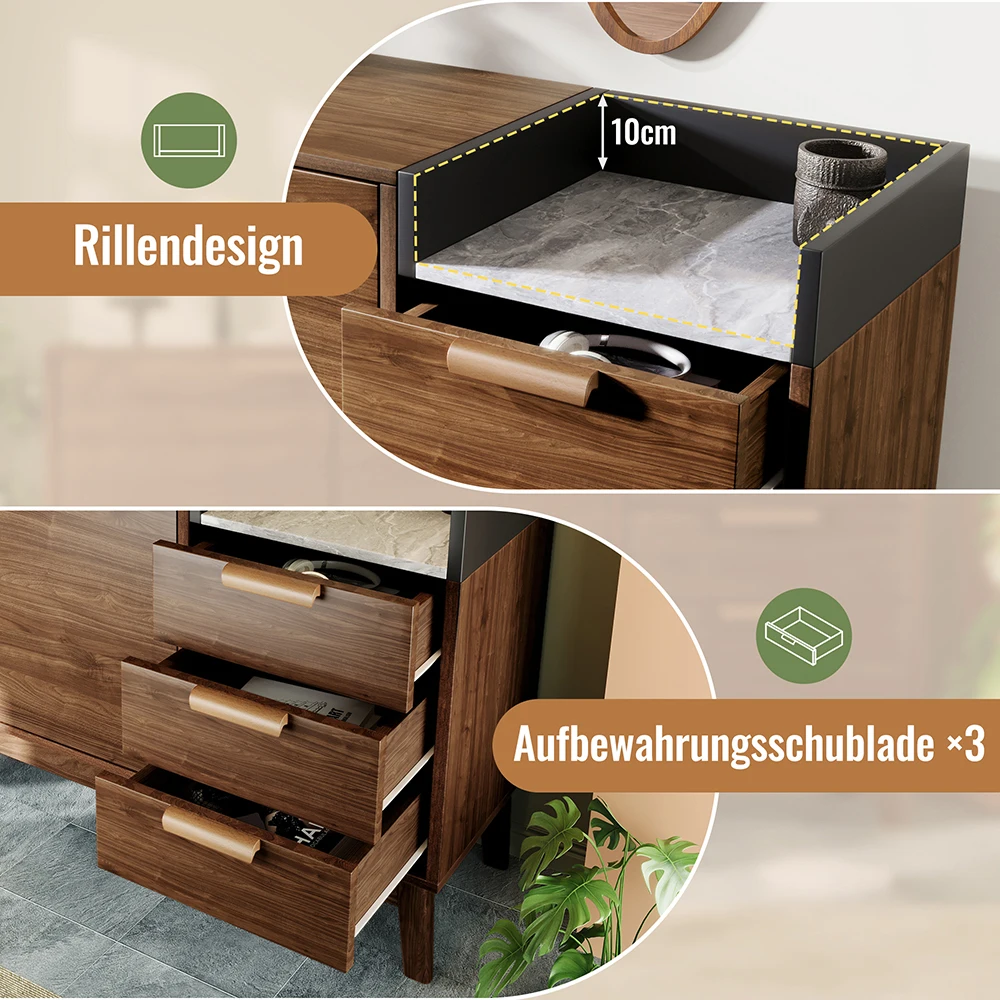 KOMHTOM Wohnzimmer Kommode in Eiche Dekor mit Marmor-Optik Platte - 3 Schubladen & Doppeltürschrank - Massivholzbeine – Detail 4