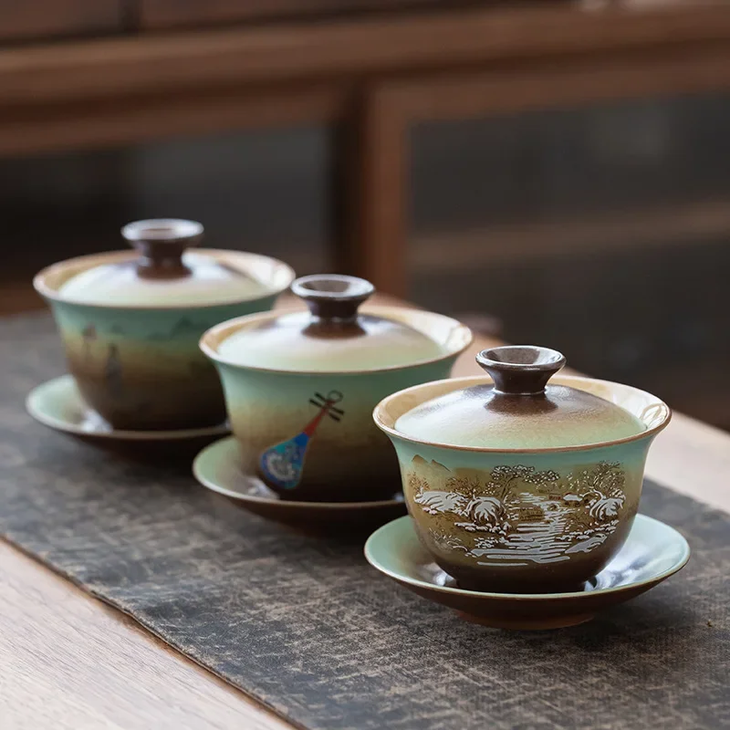 Vintage Firewood Gaiwan Tea Ceremony Bowl Ceramic Tea Set Large Cup Making Device Pot Gift Ancient tea utensils