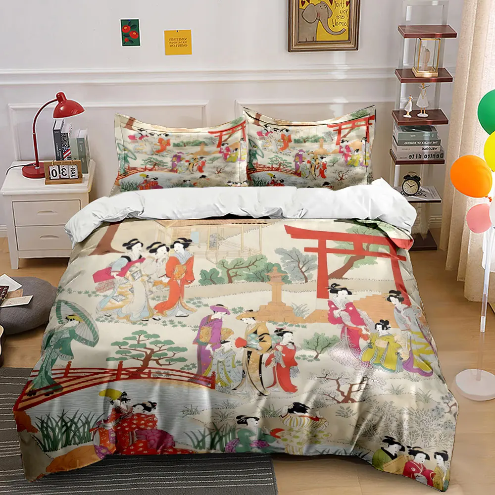 Elegant Japanese Garden Bedding Set 3pcs, Vintage Ukiyo-e Art Print Duvet Cover, Soft Cozy Bed Linens with Torii Gate Design 1