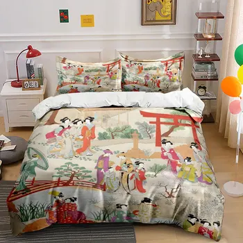 Elegant Japanese Garden Bedding Set 3pcs, Vintage Ukiyo-e Art Print Duvet Cover, Soft Cozy Bed Linens with Torii Gate Design 1
