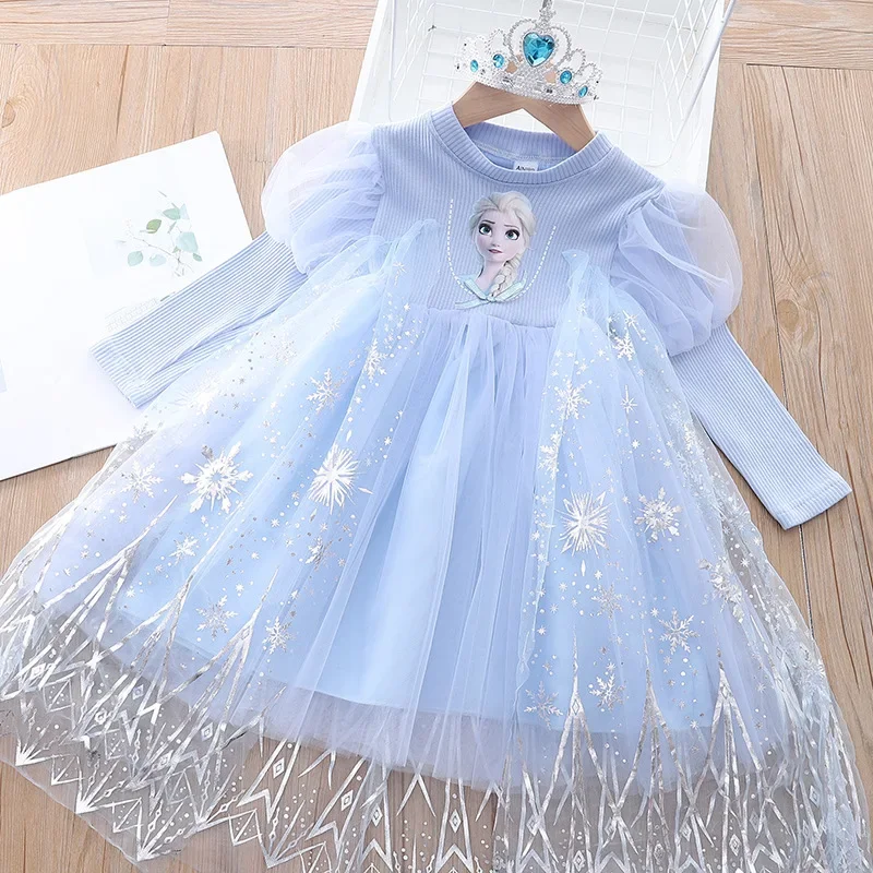 Girls Cartoon Dress Fall Frozen Elsa Princess Dresses Kids Long Sleeve Mesh Costume Crown+Magic Wand Girl Clothes girls dress princess costume kids clothes