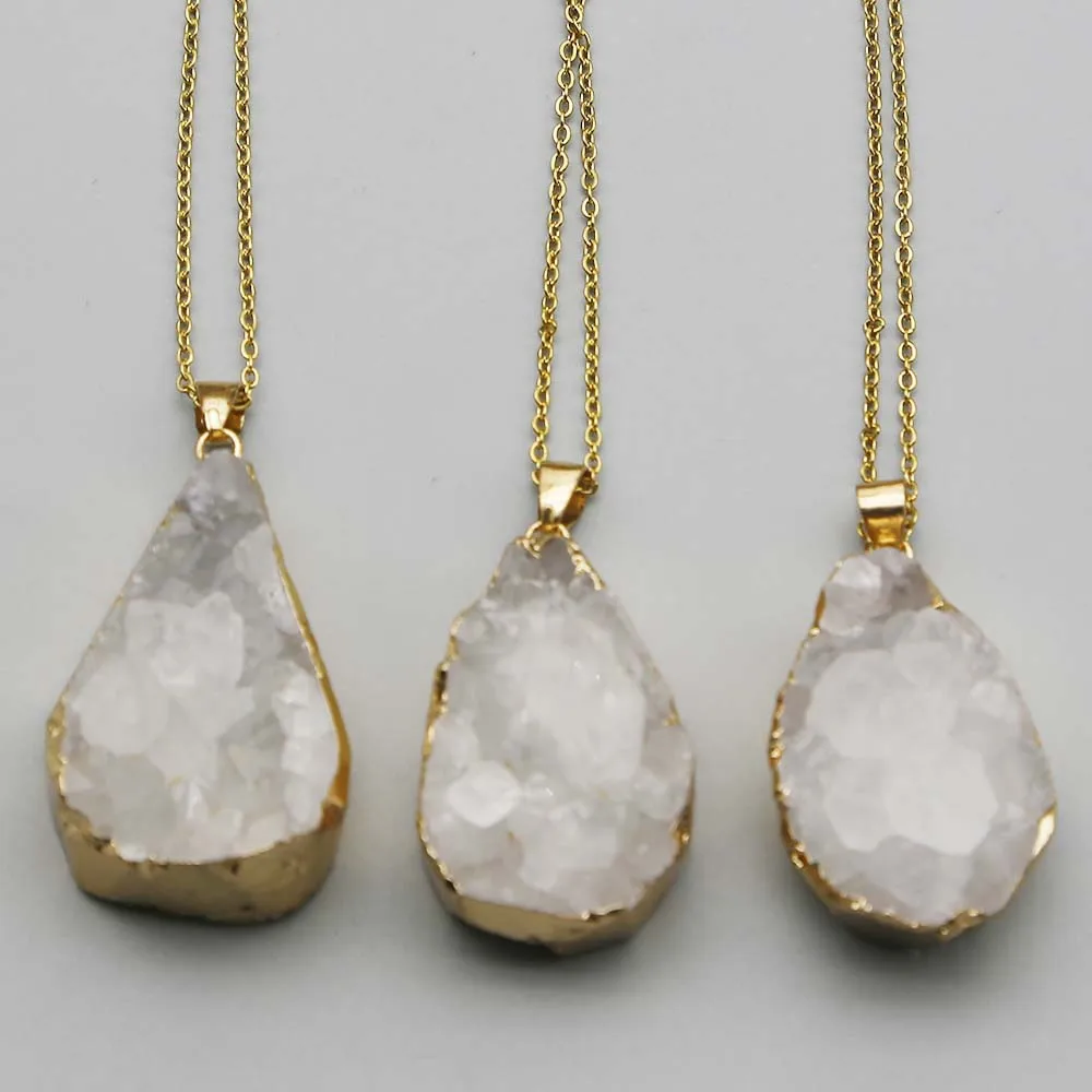 Natural White Crystal Drop Pendant Temperament Women's Stainless Steel Chain Phnom Penh Necklace Charm Fashion Jewelry Gift 4Pcs