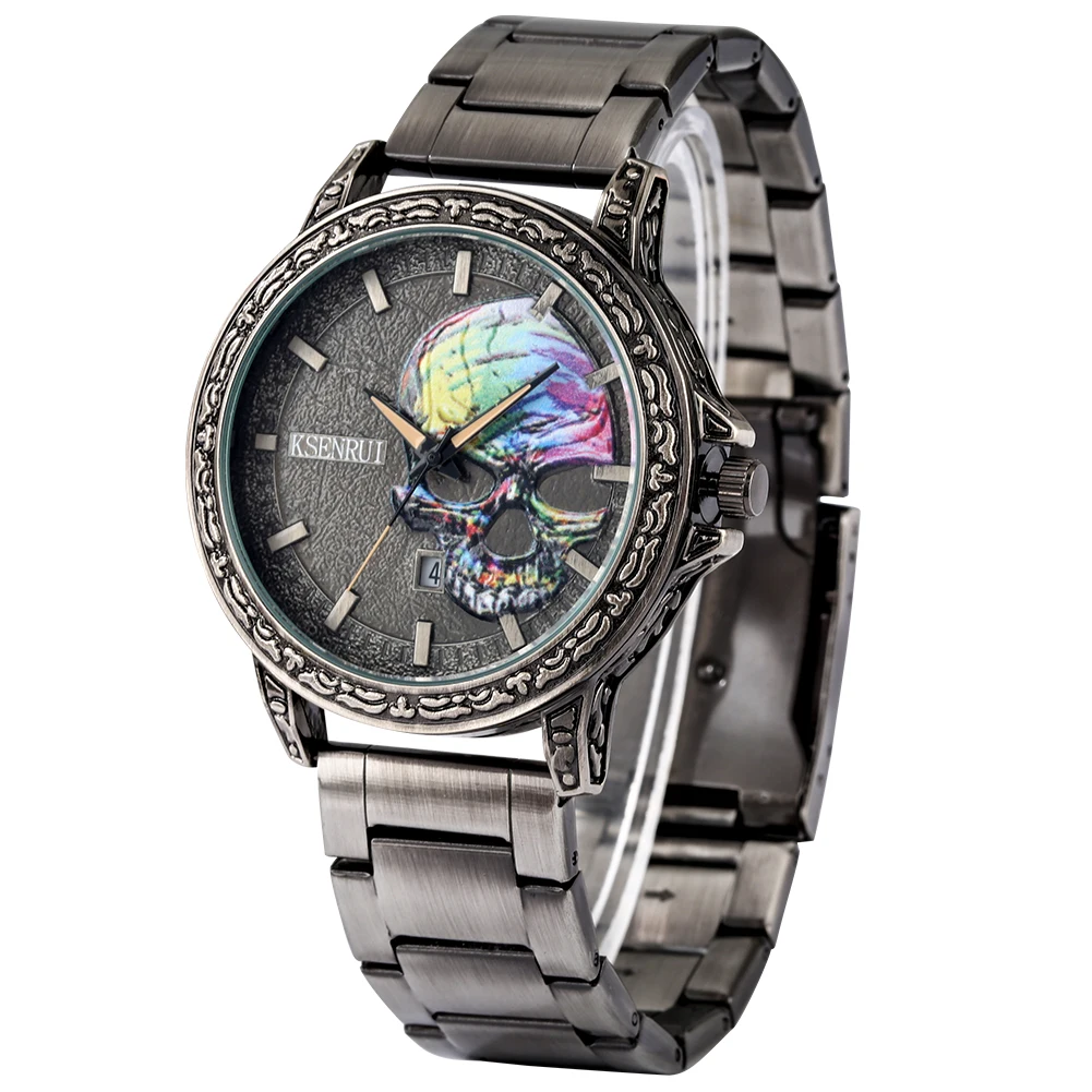 Art Embossed Skull Painting Watch Retro Bronze Street Wear Full Stainless Steel Band Quartz Vintage Watches for Men Luxury Reloj