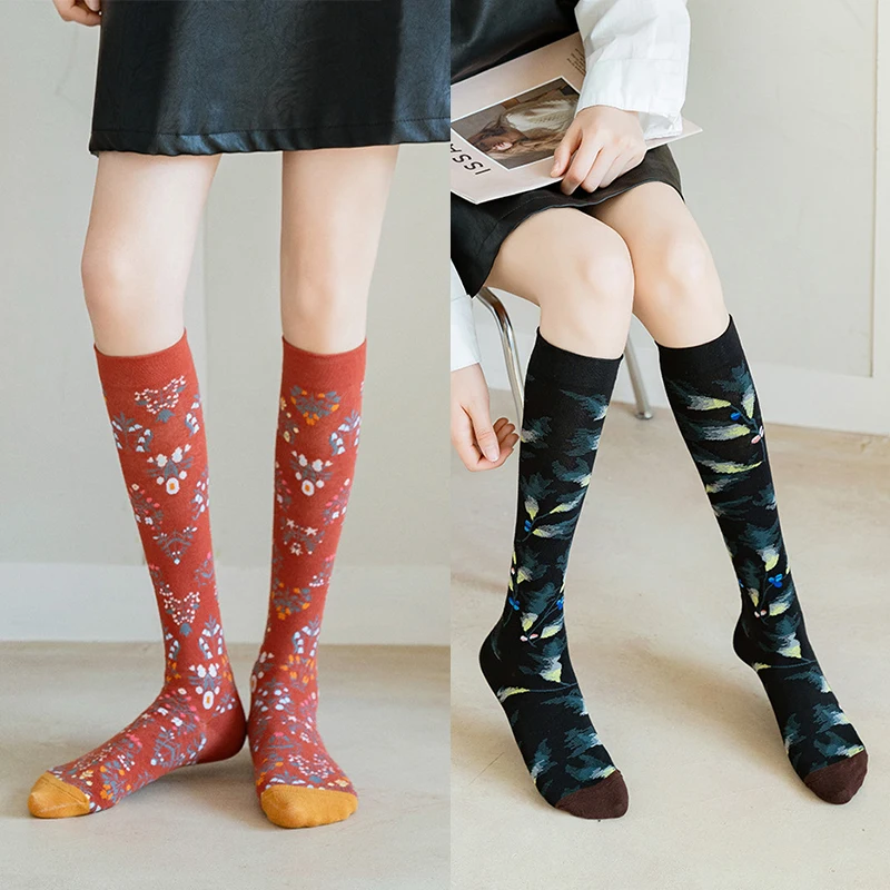 

Socks Women's High Tube Calf Knee-length Socks Retro Illustration Art Abstract Street Autumn and Winter Cotton Socks High Sock
