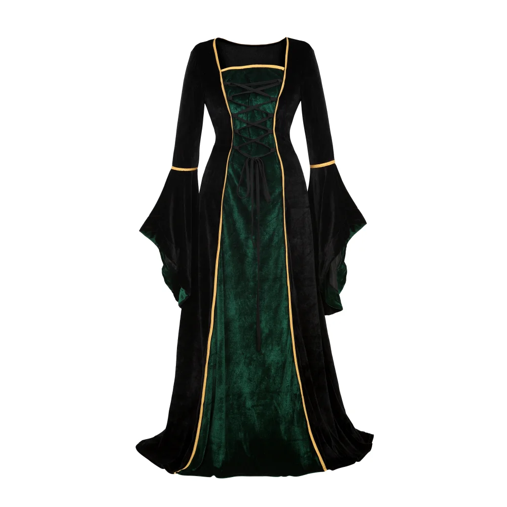 

Womens Renaissance Medieval Costume Dress Maxi Long Sleeve Lace Up Gothic Cosplay Retro Dresses