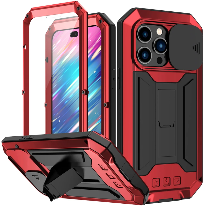 

Military Grade Full-Body Rugged Case for iPhone 14 13 Pro Max Mini Built-in Kickstand Slide Camera Protective Cover Shell