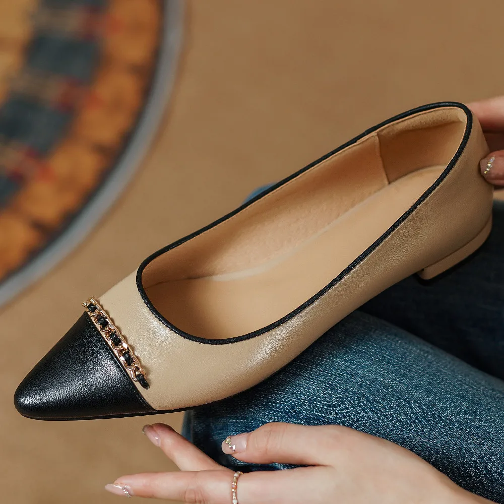 

Women's genuine leather mix color patchwork pointed toe slip-on flats daily single shoes soft comfortable casual female shoes