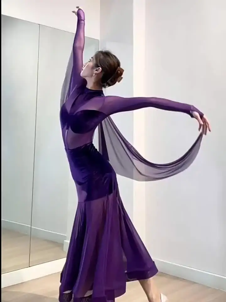 女性のベルベットの社交ダンス服,紫色のドレス,練習服,大人のワルツ