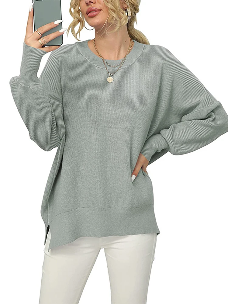 

Зимние свободные рифленые пуловеры, женские вязаные свитера с Боковым Разрезом, повседневные топы с круглым вырезом и рукавами «летучая мышь», Женская винтажная однотонная вязаная одежда