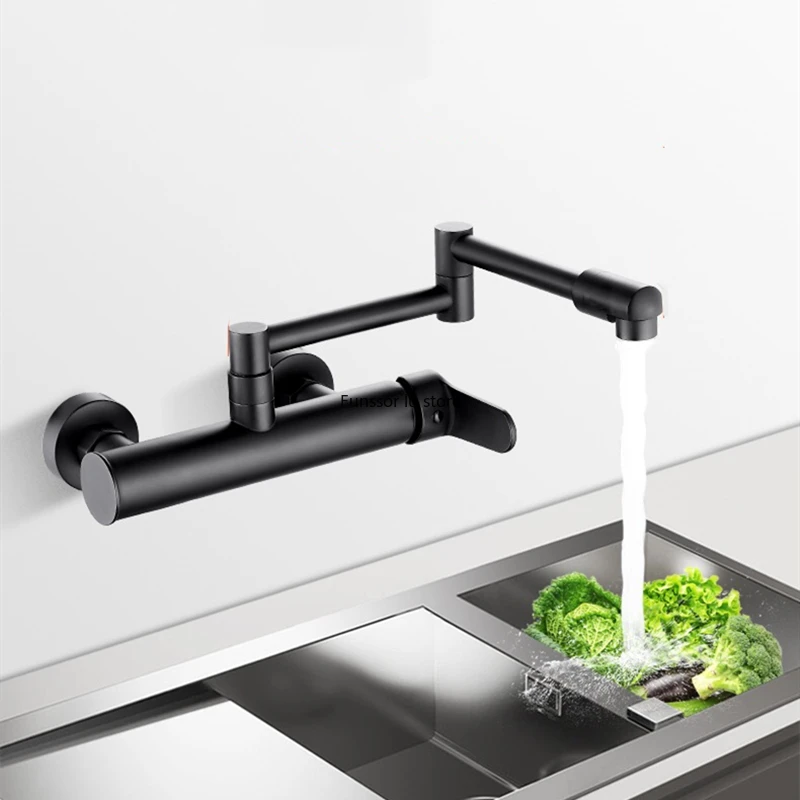 TelescopicFoldingKitchenFaucetsBlackBrass360RotateWallMounted