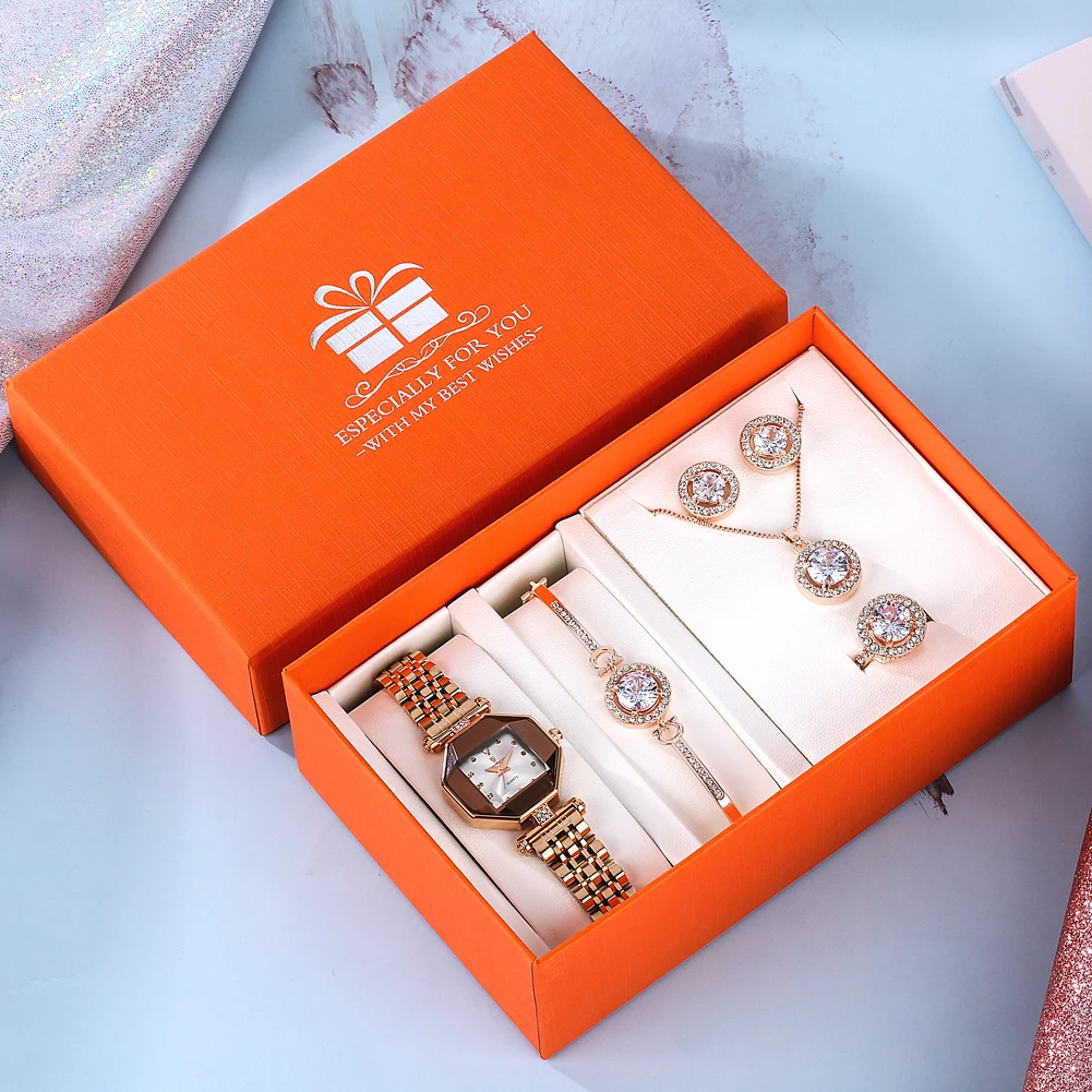 Exquisite Jewellery Gift Box for ladY Premium Rose Gold Quartz Watch with Bracelet Necklace Fashion Set New Year Gifts to Wife