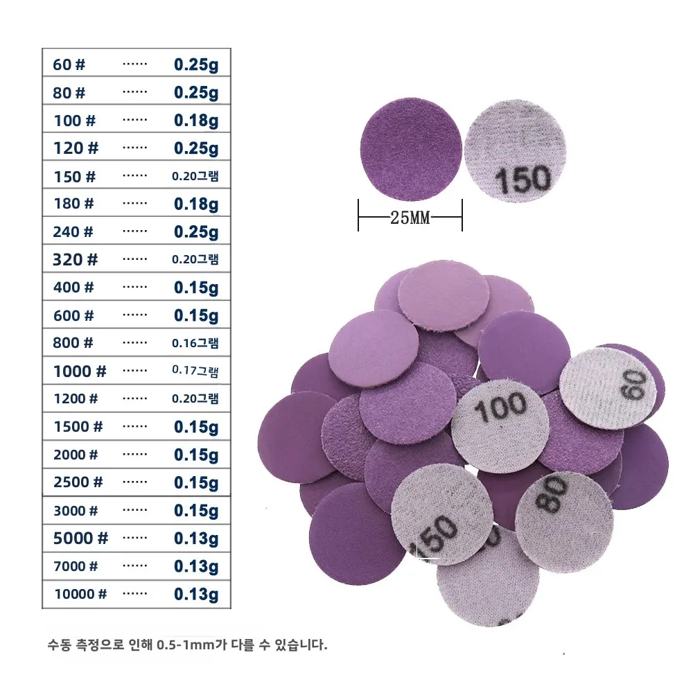 1인치 퍼플 샌드페이퍼 키트 50/100/150개 60-10000 그릿 후크앤루프 전문가용 알루미늄 산화물 샌드페이퍼 자동차 목재 금속용