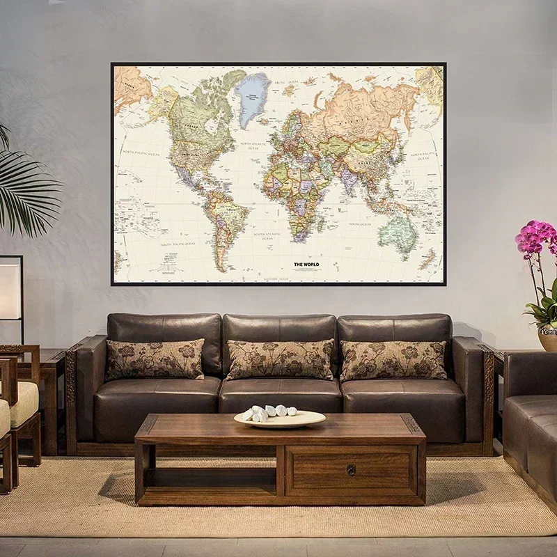 Retro World Map 150x100cm Detailed Map Non-woven Canvas Large Poster Print Wall Hanging Art Painting Living Room Home Decoration