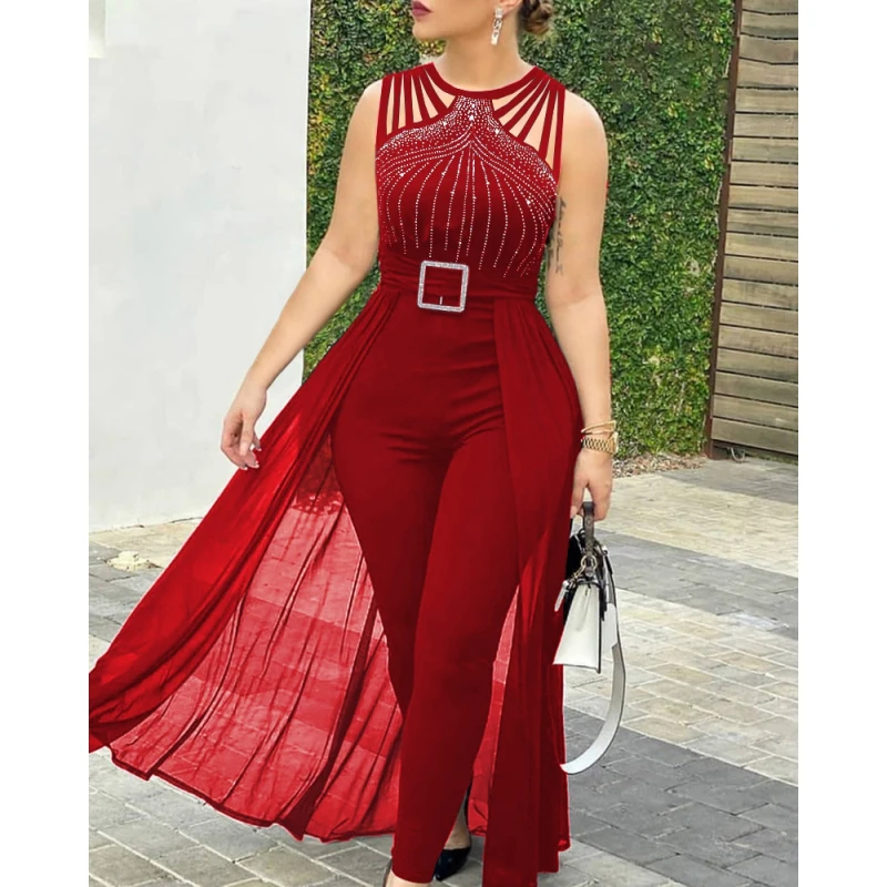 2023 New Fashion Women Sexy Rhinestone Sheer Mesh Sleeveless Jumpsuit Rompers Ladies Elegant Solid Jumpsuit