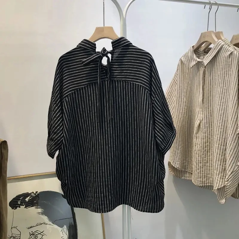 

Large size outer wear short-sleeved striped shirt 2022 summer simple women's loose bow casual cotton and linen shirt