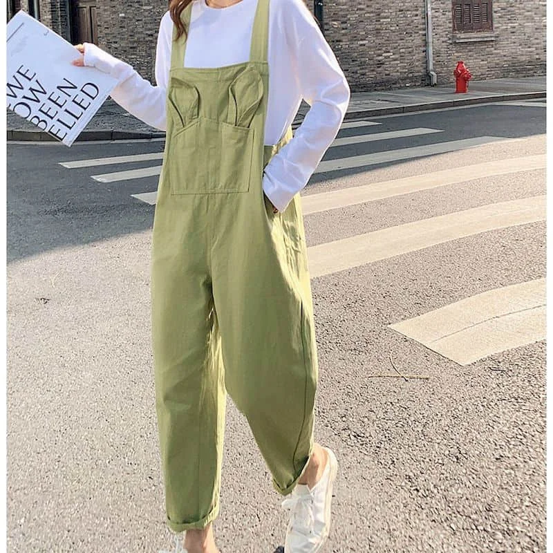 

Cotton Jumpsuits Women New Summer Loose Oversized Playsuits Casual Solid Pocket Vintage One Piece Outfit Women Straight Pants