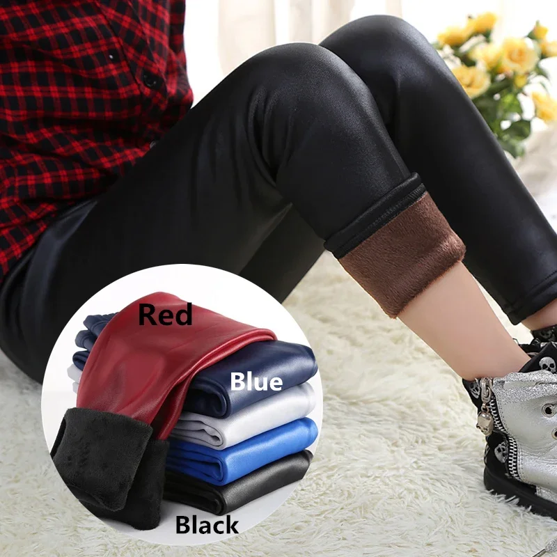 Winter Girls Leather Leggings Pencil Pants Children Warm Trousers