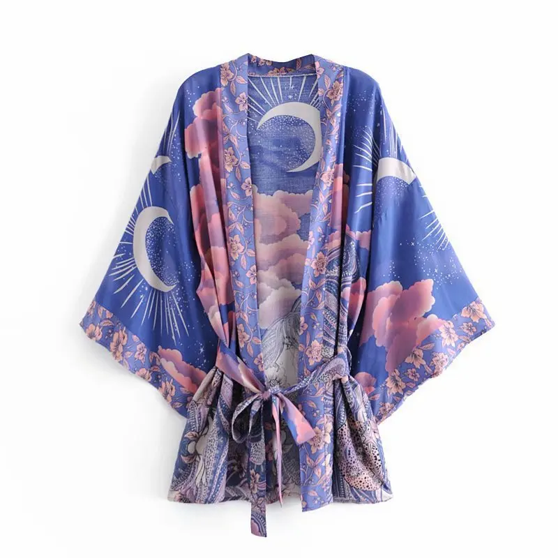 

WeHello-Boho Vintage Star and Moon Floral Print Sashes for Women, Bohemian V Neck, Batwing Sleeves, Short Robe, Kimono Cover-ups