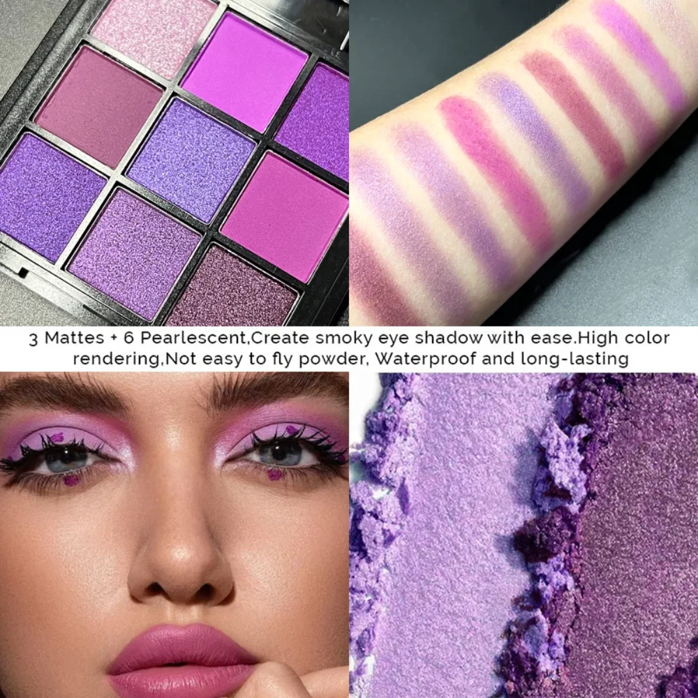 9-Color Eyeshadow Palette Matte & Shimmer Waterproof Long-Lasting Smoky & Natural Looks Unisex Purple