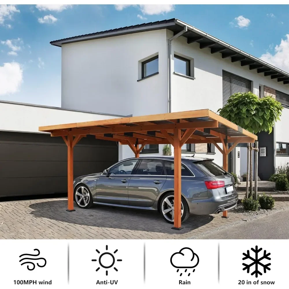 18.3 x 12.6 x 7.8 FT heavy-duty wooden carport, outdoor carport shelter with steel roof, hardtop pavilion for parking vehicles