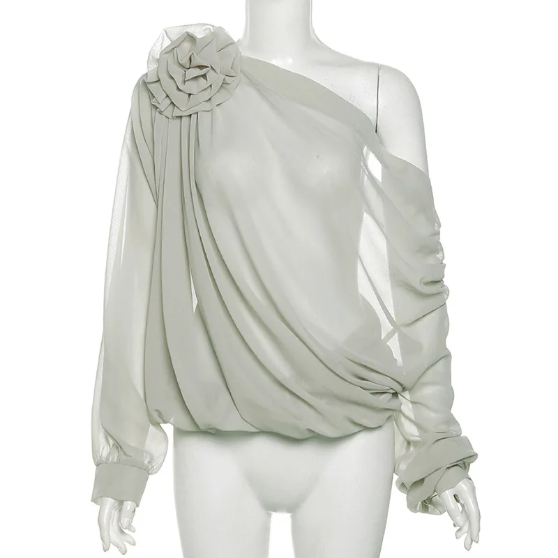 

J New women's fashion long-sleeved sexy off-shoulder see-through flower design T-shirt for women