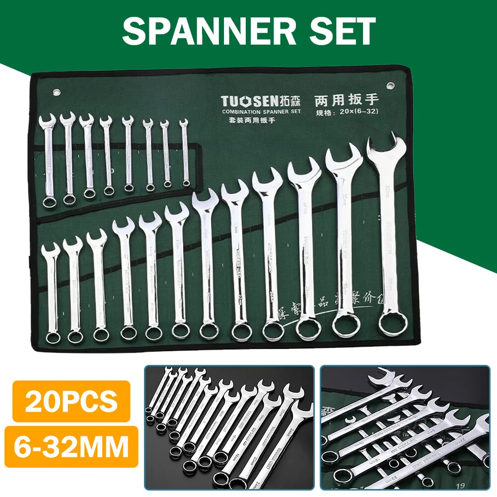 20 PCS 6-32mm Spanner Set Open combination Metric Wrench With Roll Pouch Kit