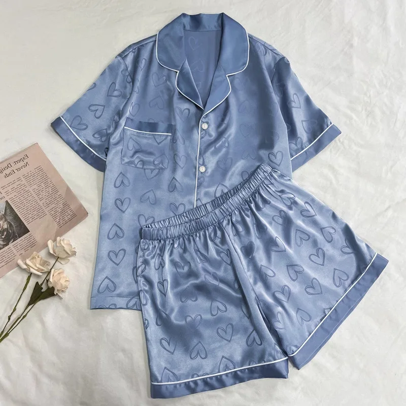 Ling 2Pcs Summer Ice Silk Pajamas Women's Short Sleeves Fresh Heart Printing Thin Casual Home Clothes Suit Blue Color