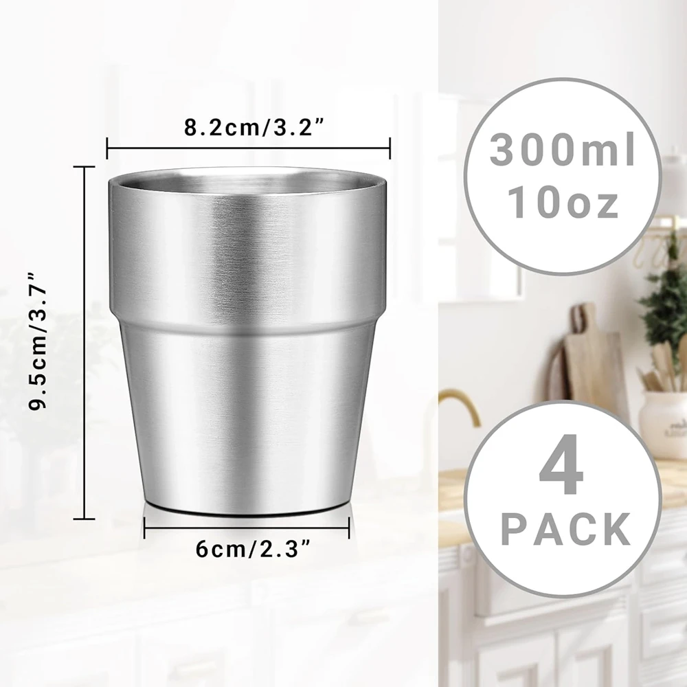 Stainless Steel Cups 4 Pack 10oz 6oz Double Wall Stackable Insulated For Travel Camping Home Outdoor