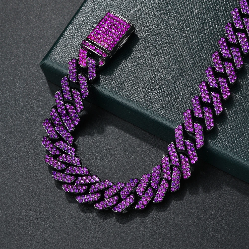 Hip Pop Purple Rhombus Prong Cuban Link Chain Necklace