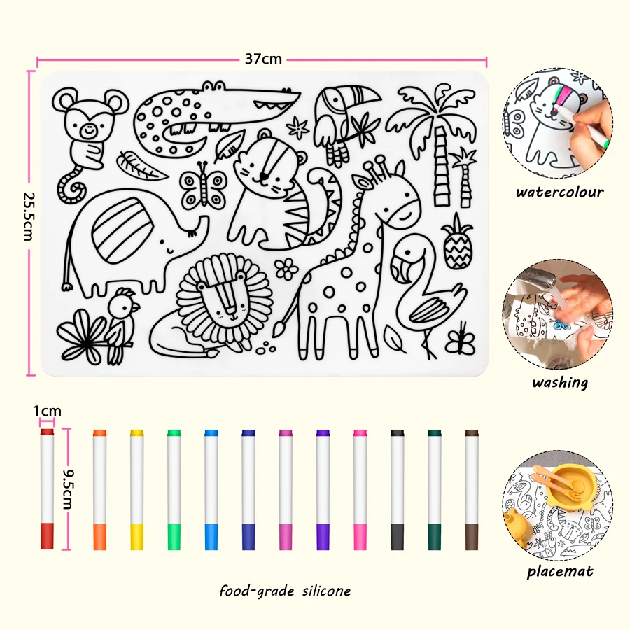 Personalized DIY Color Silicone Baby Placemats Cartoon Pattern Table Placemats Reusable Doodle Drawing Mat Baby Stuff 3