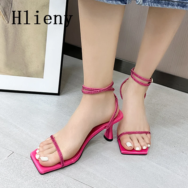 

Hlieny Summer New Fashion Sandals High Heels Narrow Band Gladiator Women Pumps Square Toe Crystal Buckle Strap Dress Shoes