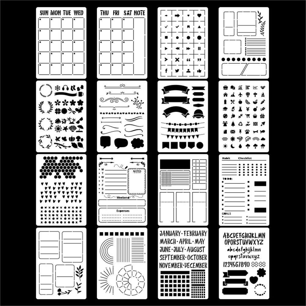 YOC-16Pcs 저널 스텐실 세트 - 저널 스텐실 A5 도트형 저널을 위한 최고의 생산성 플래너 스텐실
