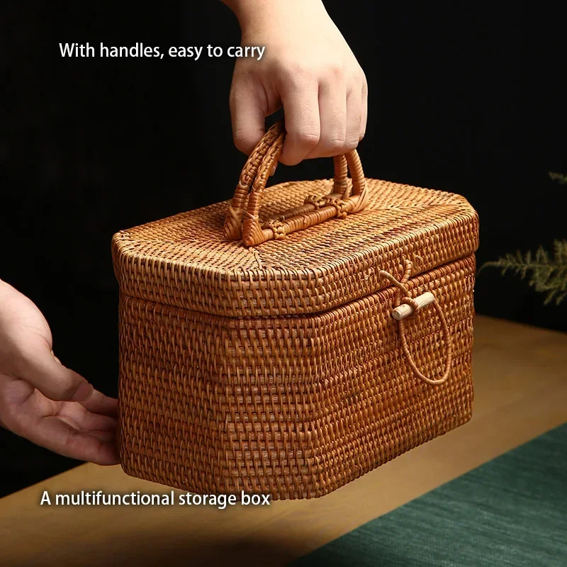 Handwoven Rattan Storage Box with Handle Wicker Ornament Box Tea Food Container Picnic Bread Fruit Cake Basket Kitchen Organizer