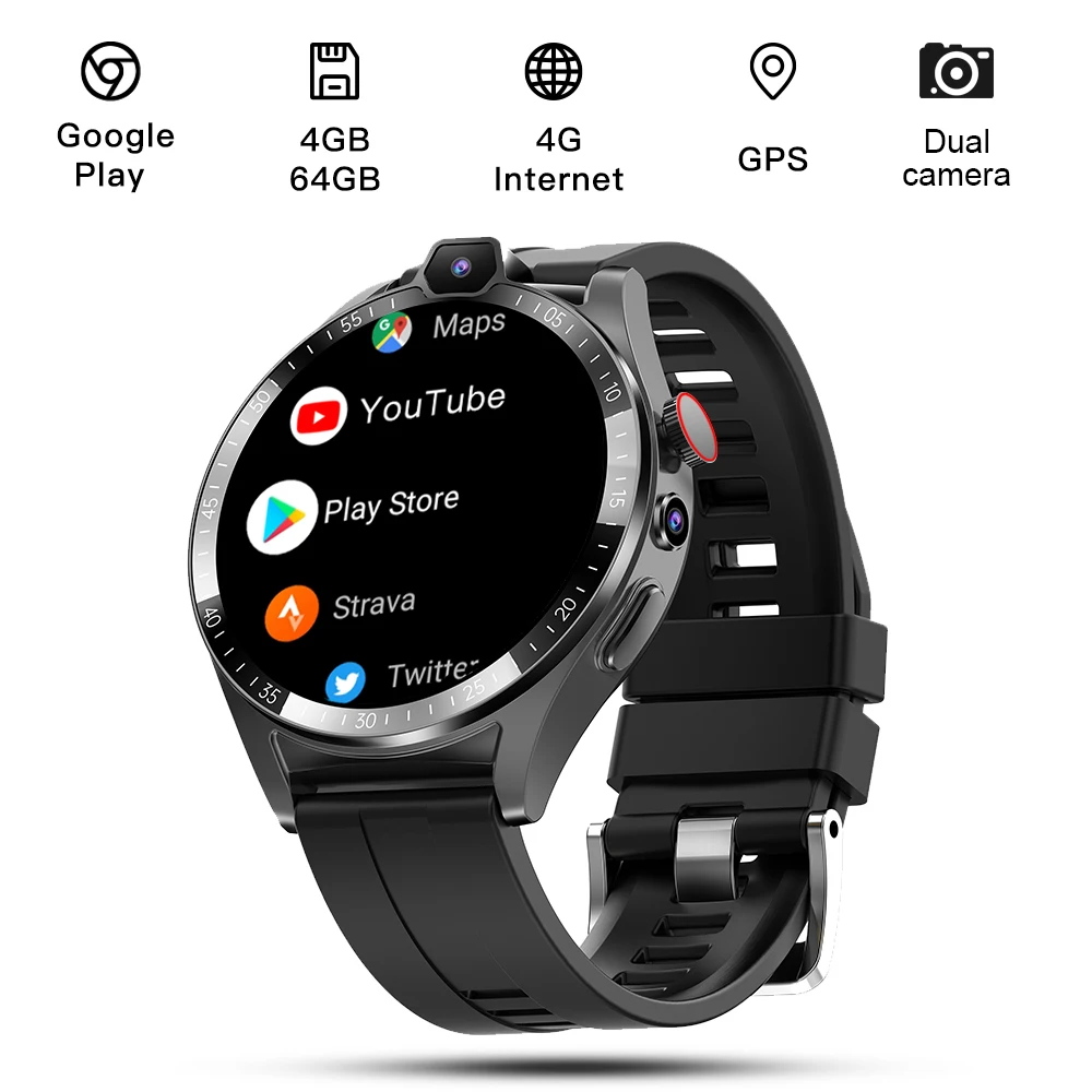 KOM4 4G LTE Smart Watch Men 4GB+64GB Android8.1 GPS 1.43 HD Screen Dual  Camera Google Play Store SIM Card Waterproof Smartwatch