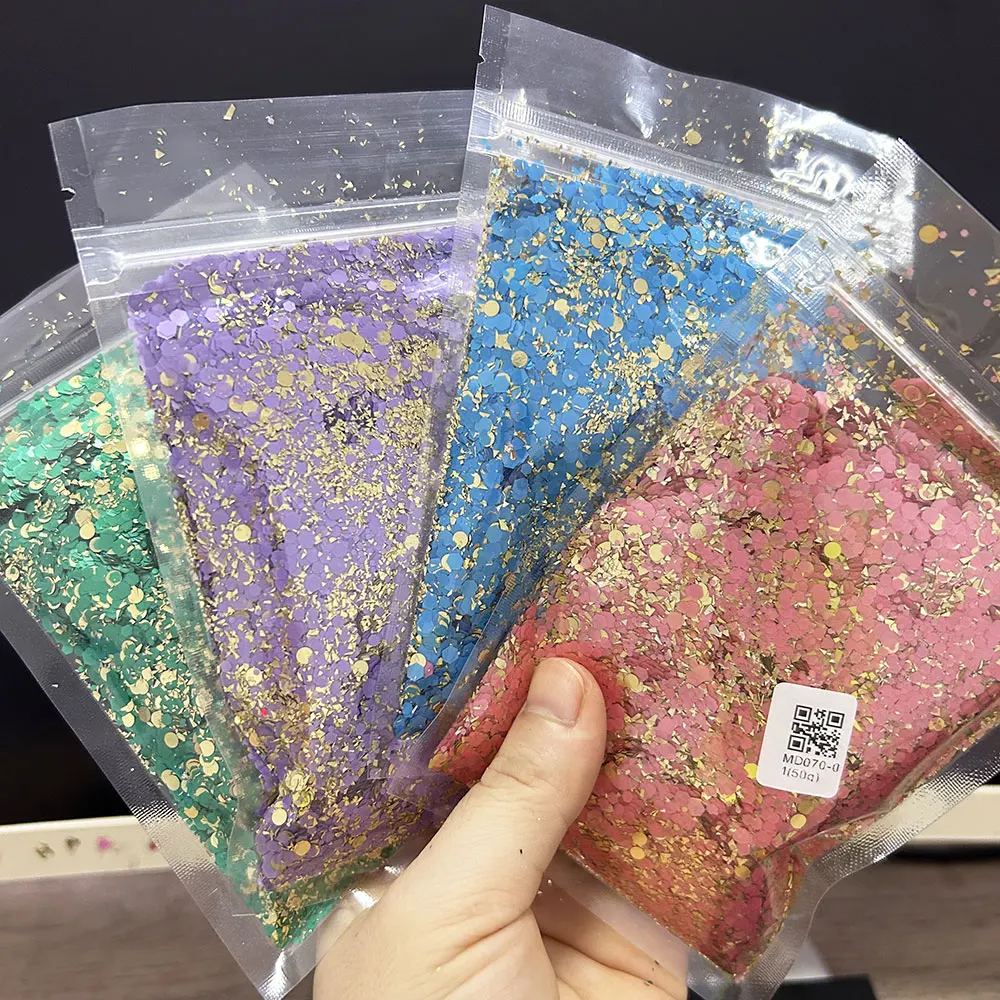 

50g/bag Luxury Holographic Chunky Glitter with Gold Flakes Laser Mixed Hexagon Sparkly Sequins Slices Nail Art Iridescent Flakes