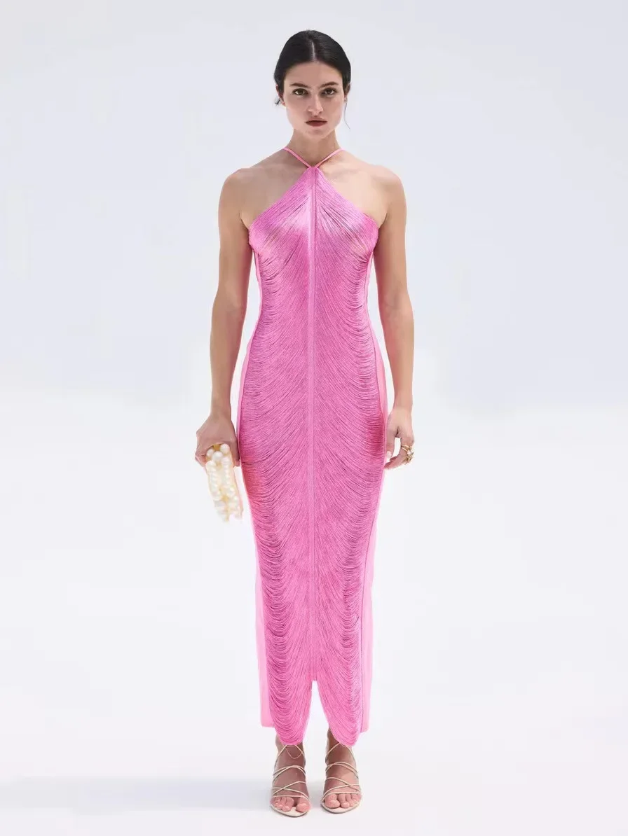 

Tassel Neck-mounted Evening Dress Elegant Backless Sexy Dress Solid Bare Shoulder Dress for Party & Banquet, Women's Clothing