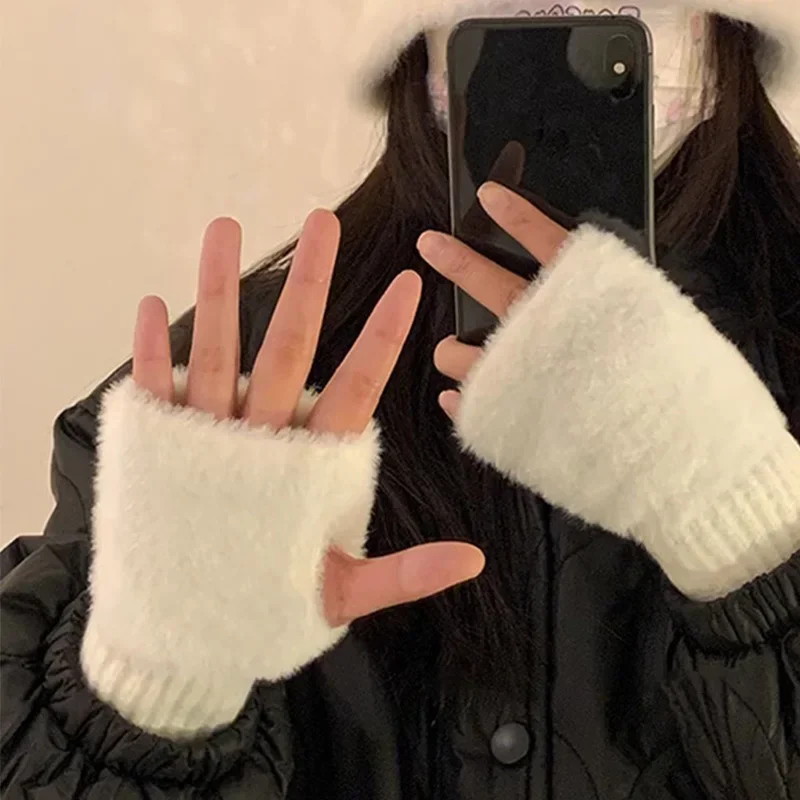 Soft Winter Half Finger Gloves Women Warm Solid White Plush Knitted Fingerless Gloves Wrist Mittens Writting