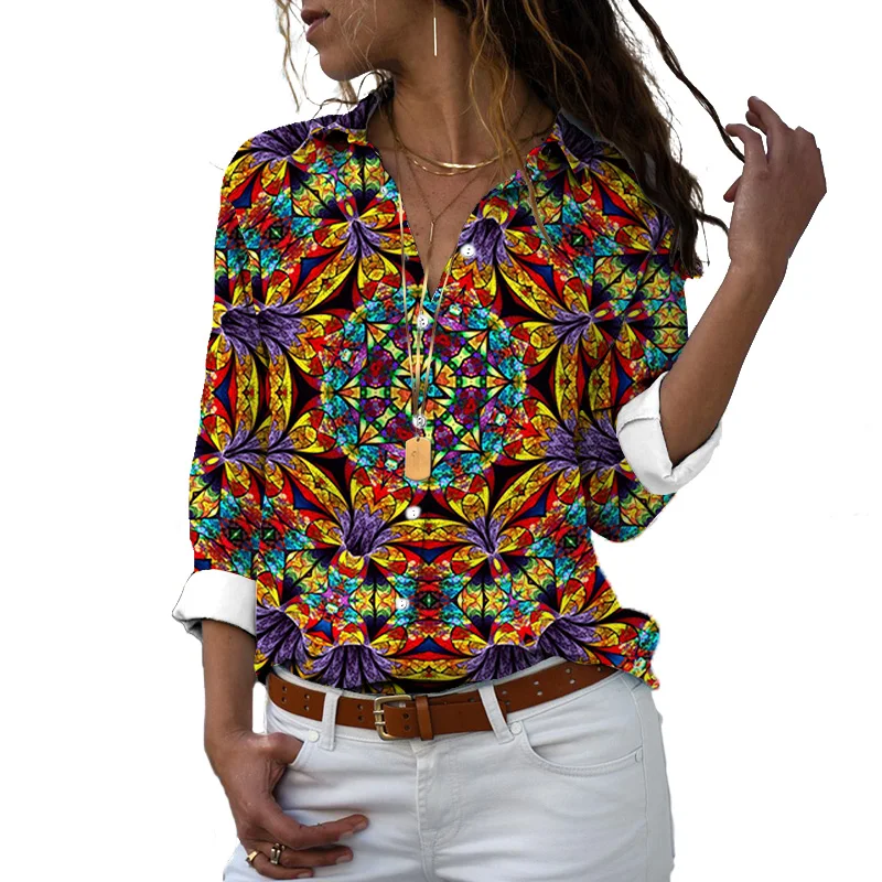 Blusa de manga larga estampado barroco mujer, camisa informal de manga con botones y cuello AliExpress