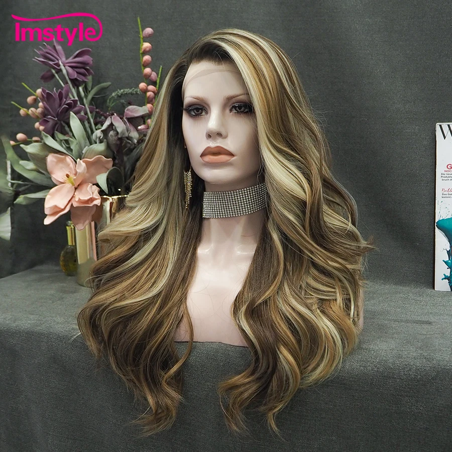 Imstyle Brown Synthetic Lace Front Wig Natural Wavy Wigs For Women Daily Long Lace Heat Resistant Fiber Cosplay Wigs