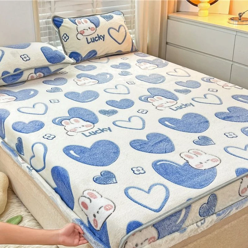 

Home Textiles Plush Fitted Sheet Winter Thickening Warm Coral Velvet Cute Cartoon Bed Sheet Non-slip Mattress Cover Bedspread
