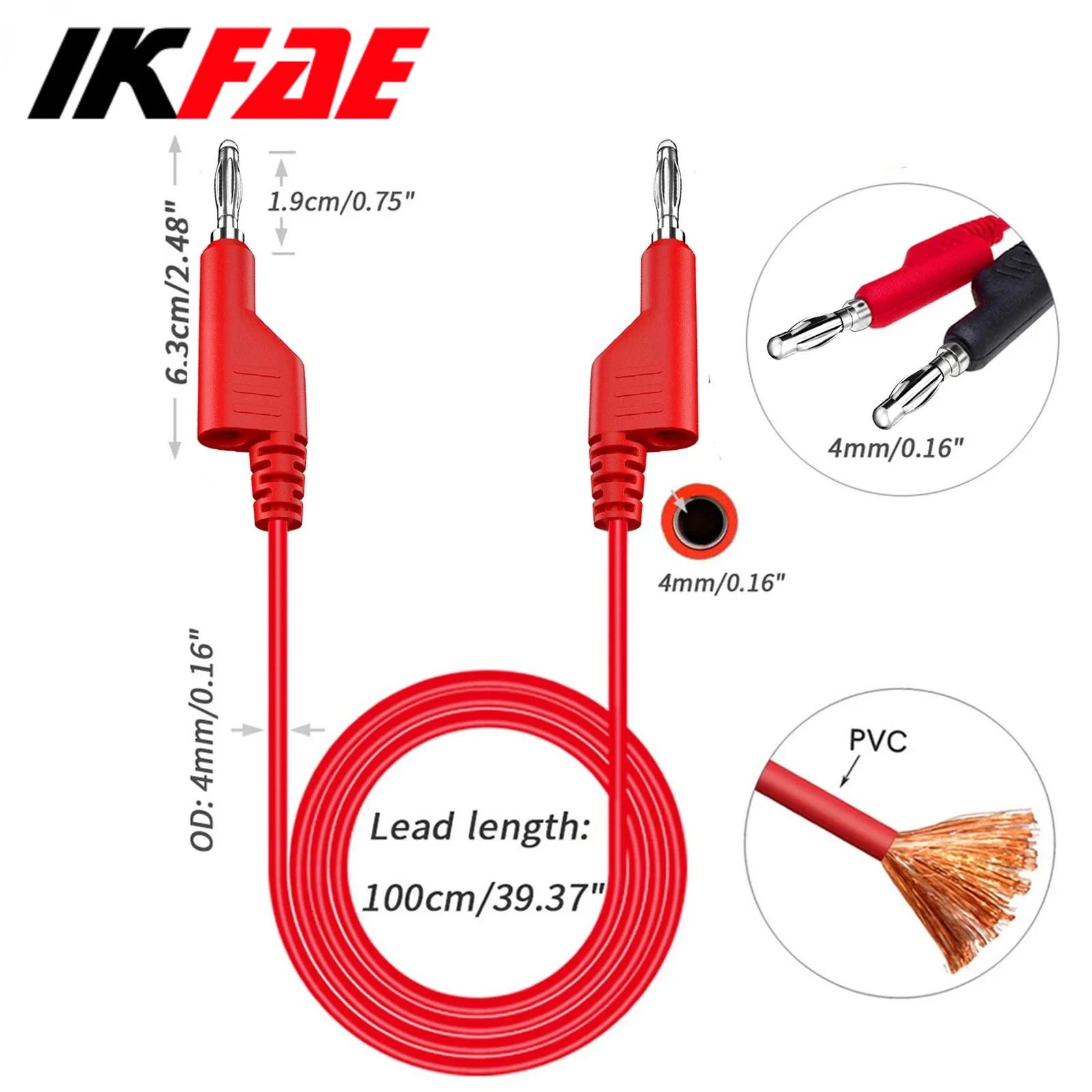 IKFAE 멀티 미터 테스트 리드 소프트 PVC 케이블, 2 PCs, 5PCs, P1036 듀얼 4mm, 쌓을 수 있는 구리 바나나 플러그, 1 계량기 케이블, 1000V, 15A
